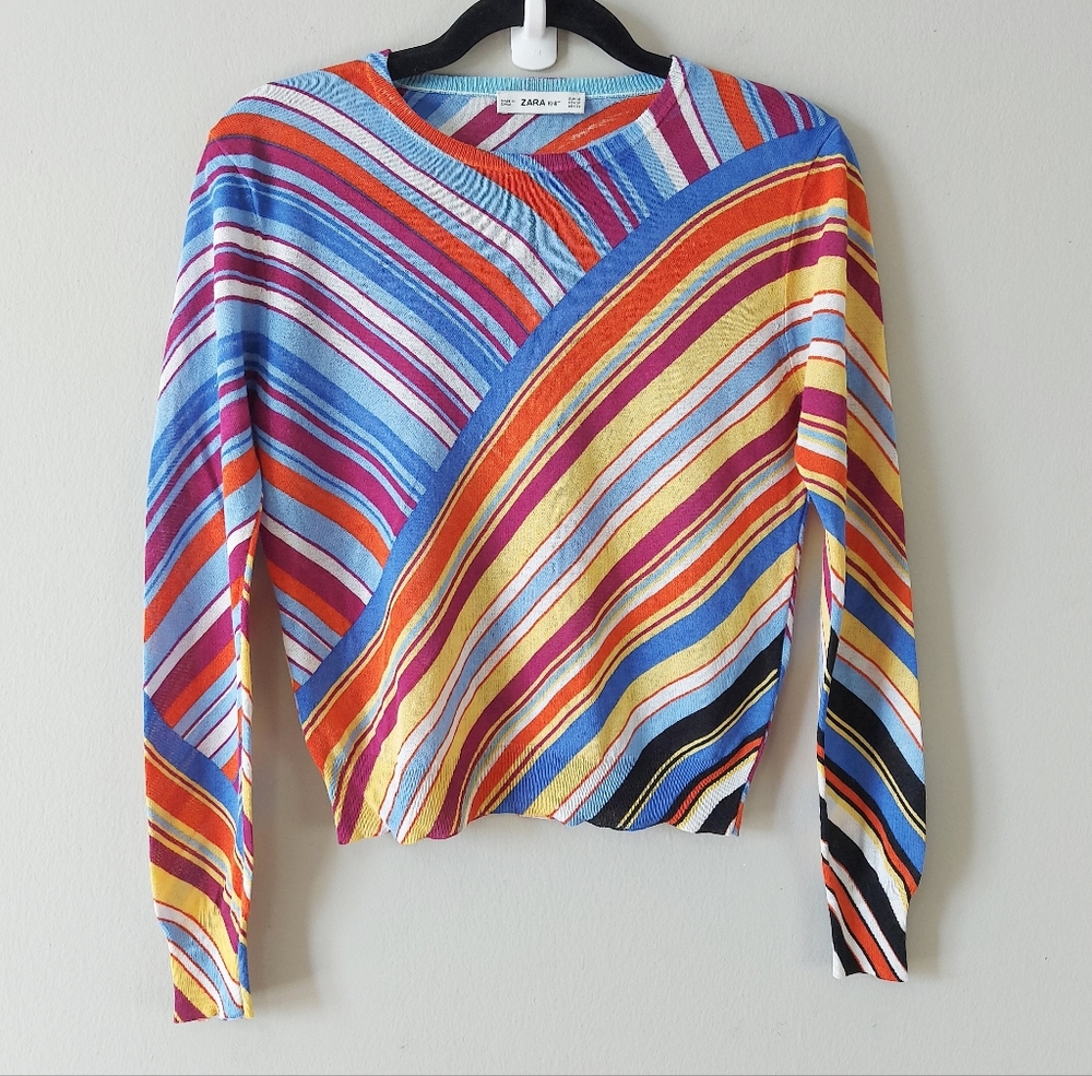 Zara Women Rainbow Preppy Striped Sweater Medium MulticolorCrewneck Long Sleeve